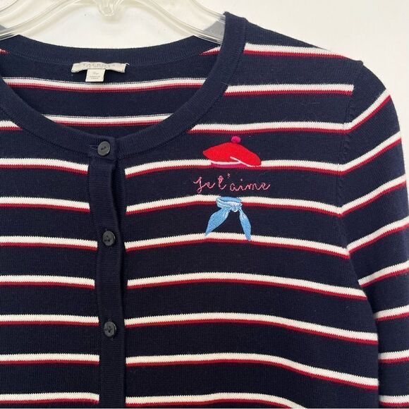 Talbots Je T’aime Paris France Cardigan Blue Red White French Hat Scarf P Small - Picture 3 of 7